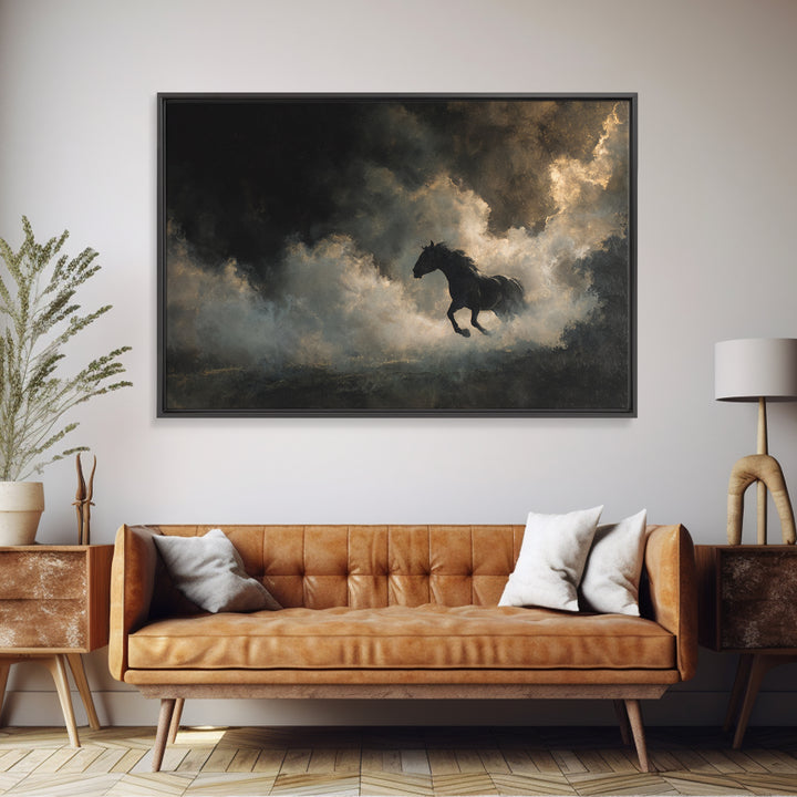Black Horse Emerging from Smoke Framed Canvas Print, Dark Art, Living Room Decor, Oil Painting, Nocturne, Halloween Art, DAR-3x2-47