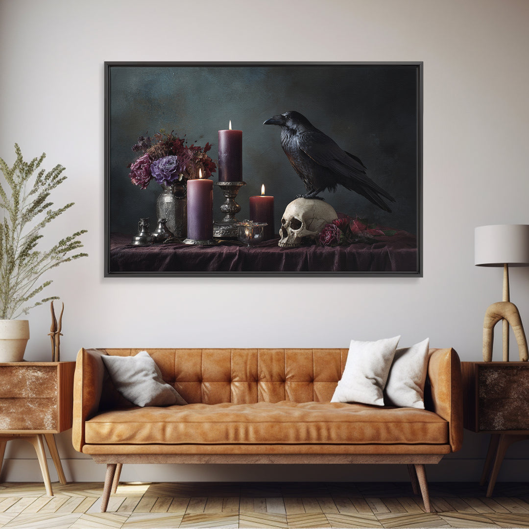 Raven Perched on a Skull Framed Canvas Print, Dark Art, Weird Art, Living Room Decor, Fine Art, Nocturne, Textured Painting, DAR-3x2-5