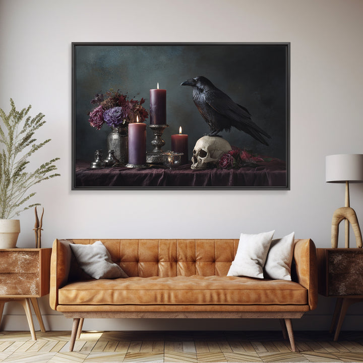 Raven Perched on a Skull Framed Canvas Print, Dark Art, Weird Art, Living Room Decor, Fine Art, Nocturne, Textured Painting, DAR-3x2-5