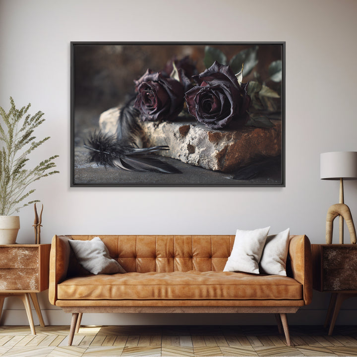 Black Roses Blooming from Cracked Stone Framed Canvas Print, Dark Art, Watercolor Painting, Living Room Decor, Nocturne, DAR-3x2-6