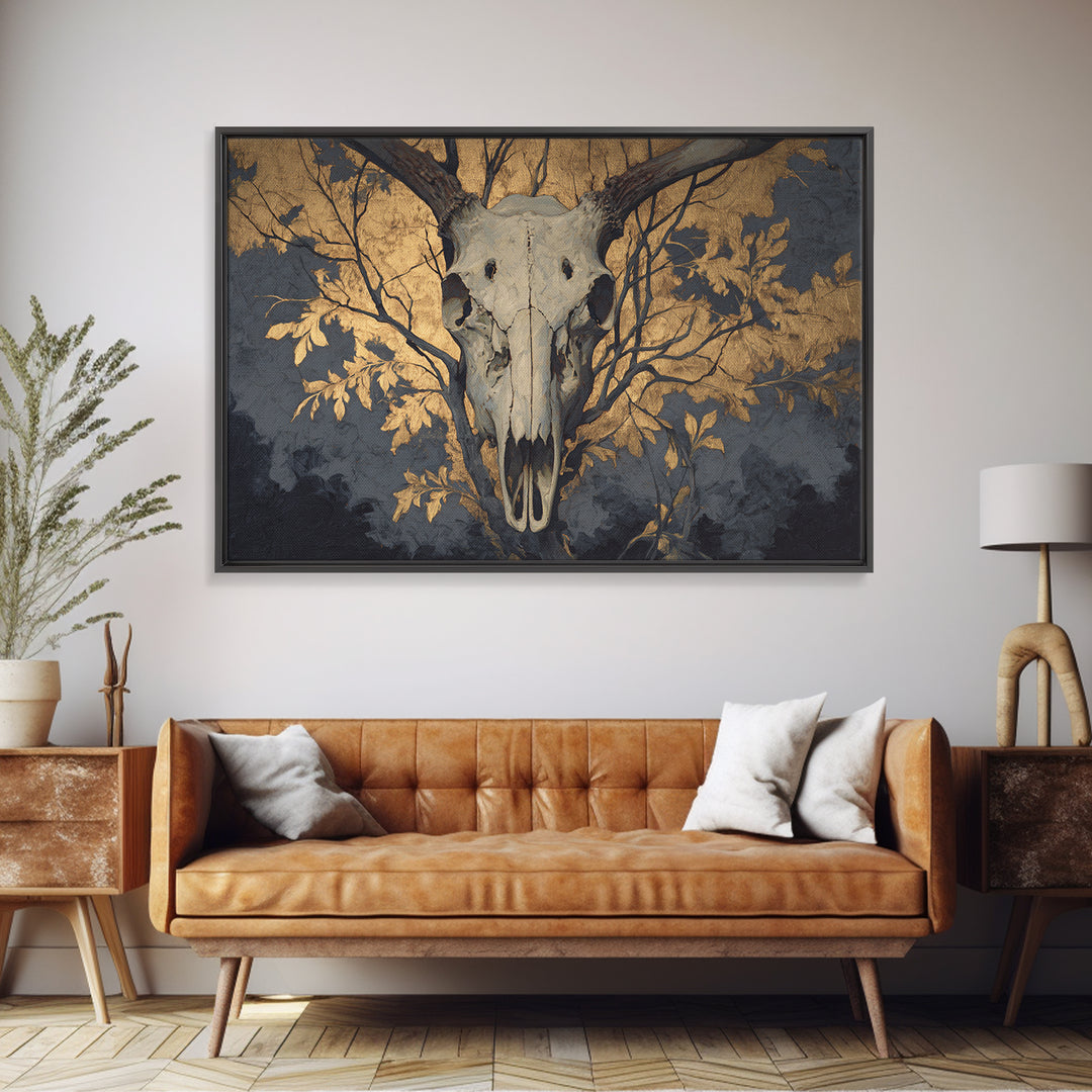 Shadowy Deer Skull Framed Canvas Print, Dark Art, Horror Decor, Living Room Decor, Oil Painting, Nocturne, Statement Artwork, DAR-3x2-63