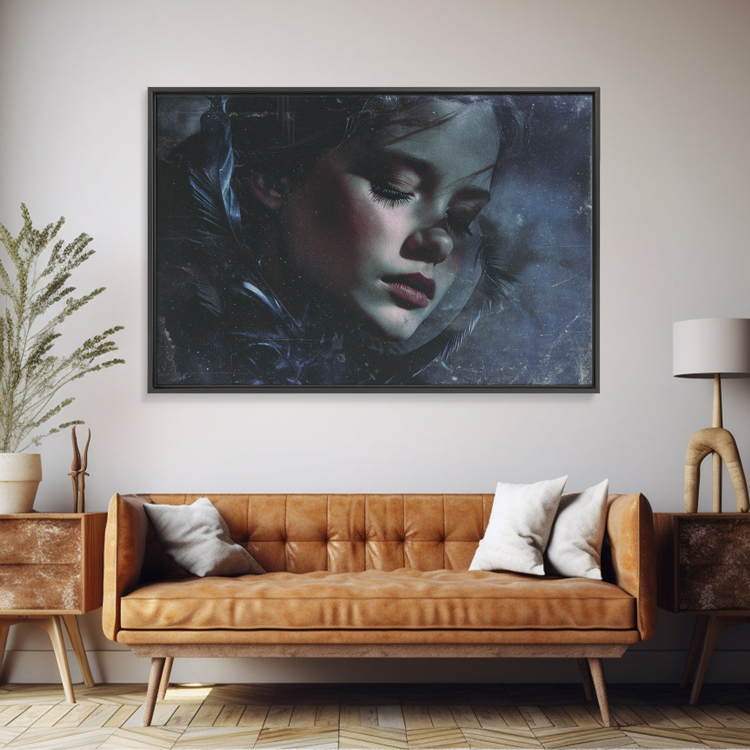 Silent Graveyard with Blue Moon Haze Framed Canvas Print, Dark Art, Unique Wall Decor, Living Room Decor, Fine Art, Nocturne, DAR-3x2-70