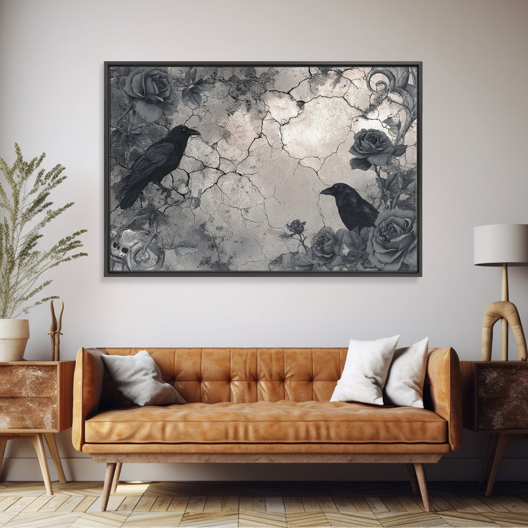 Black Roses Blooming from Cracked Stone Framed Canvas Print, Dark Art, Fantasy Art, Living Room Decor, Fine Art, Nocturne, DAR-3x2-78
