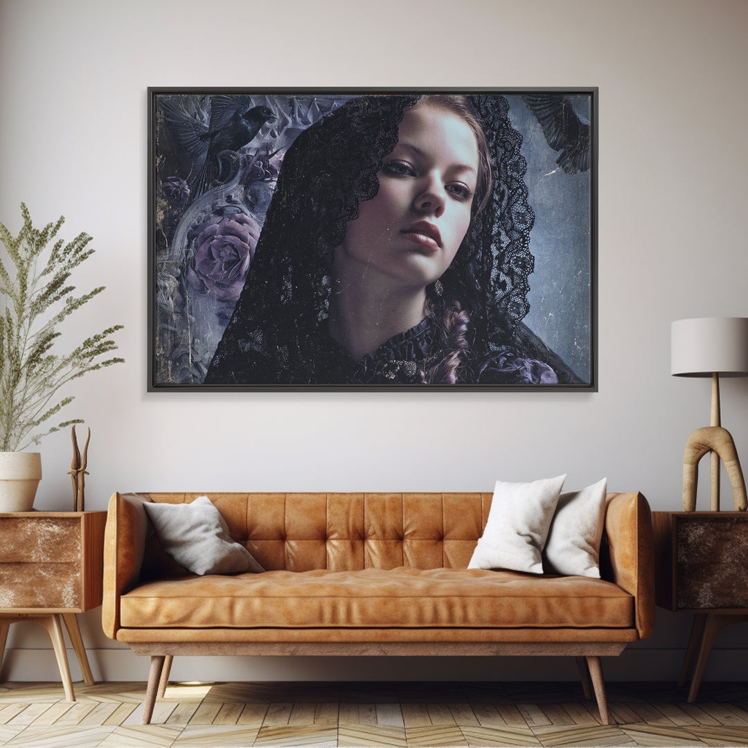Gothic Woman Portrait Framed Canvas Print, Dark Art, Gothic Art, Living Room Decor, Fine Art, Nocturne, Fine Art Print, DAR-3x2-8