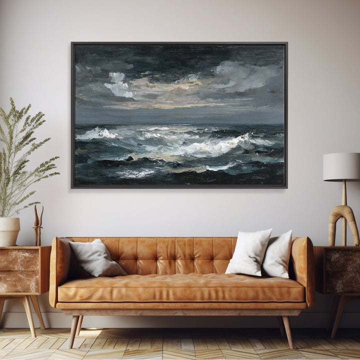 Stormy Sea under a Nearly Black Sky Framed Canvas Print, Dark Art, Fine Art Print, Living Room Decor, Fine Art, Nocturne, DAR-3x2-81