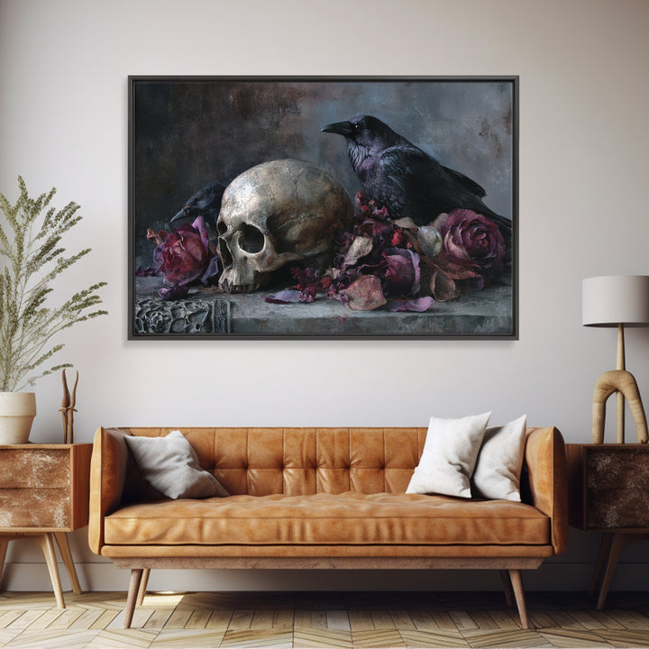 Baroque Skull and Red Velvet Vanitas Framed Canvas Print, Dark Art, Man Cave Decor, Living Room Decor, Fine Art, Nocturne, DAR-3x2-86