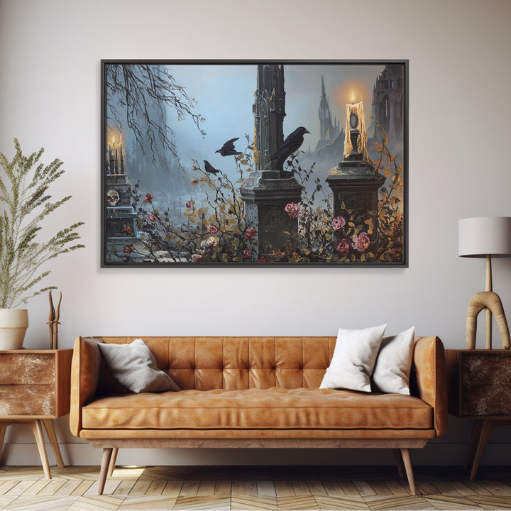 Silent Graveyard with Blue Moon Haze Canvas Print, Dark Art, Halloween Decoration, Living Room Decor, Abstract Art, Nocturne, DAR-3x2-94