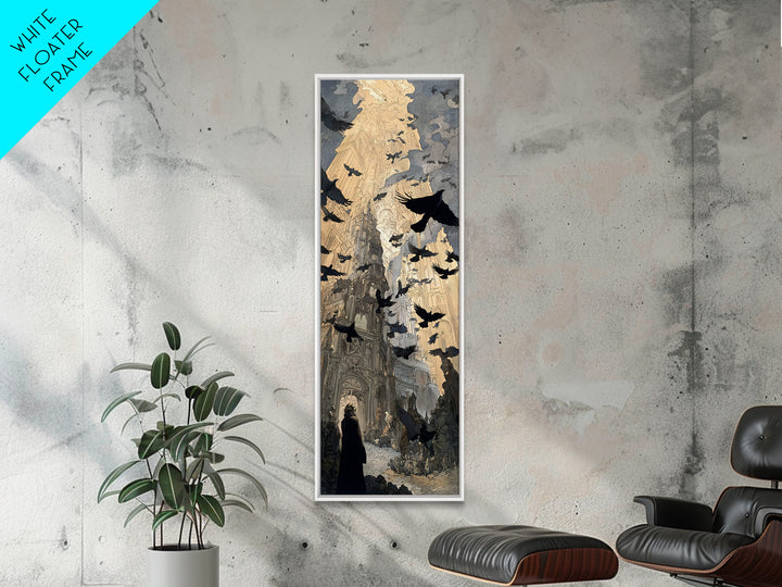 Ravens And Ruins, Symbolist Etching Art, Tall Narrow Wall Art, Gothic Horror Wall Art, Framed Canvas Print, Halloween Wall Art