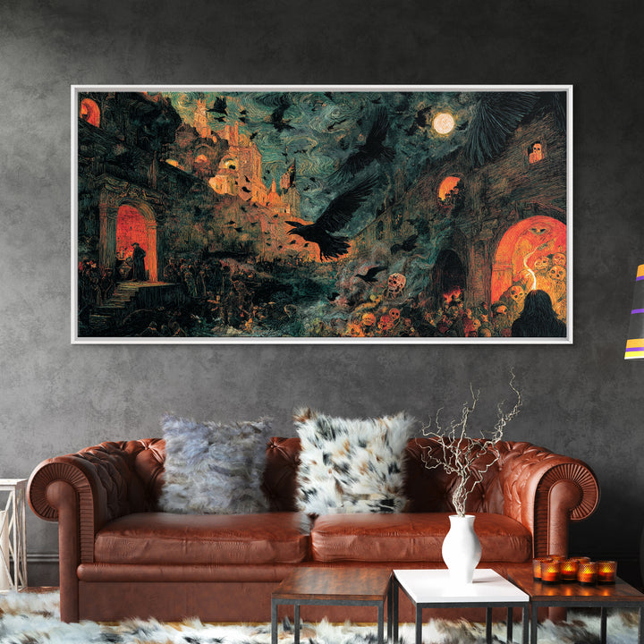 Ravens And Ruins, Grotesque Carnival Art, Wide Panoramic Art, Gothic Horror Wall Art, Framed Canvas Print, Halloween Wall Art
