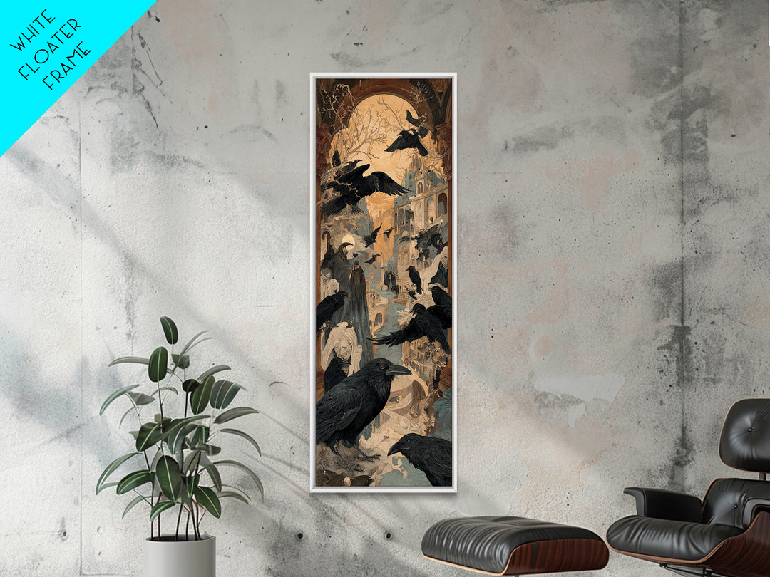 Ravens And Ruins, Expressionist Gothic Art, Tall Narrow Wall Art, Dark Halloween Decor, Framed Canvas Print, Halloween Wall Art