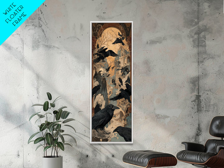 Ravens And Ruins, Expressionist Gothic Art, Tall Narrow Wall Art, Dark Halloween Decor, Framed Canvas Print, Halloween Wall Art