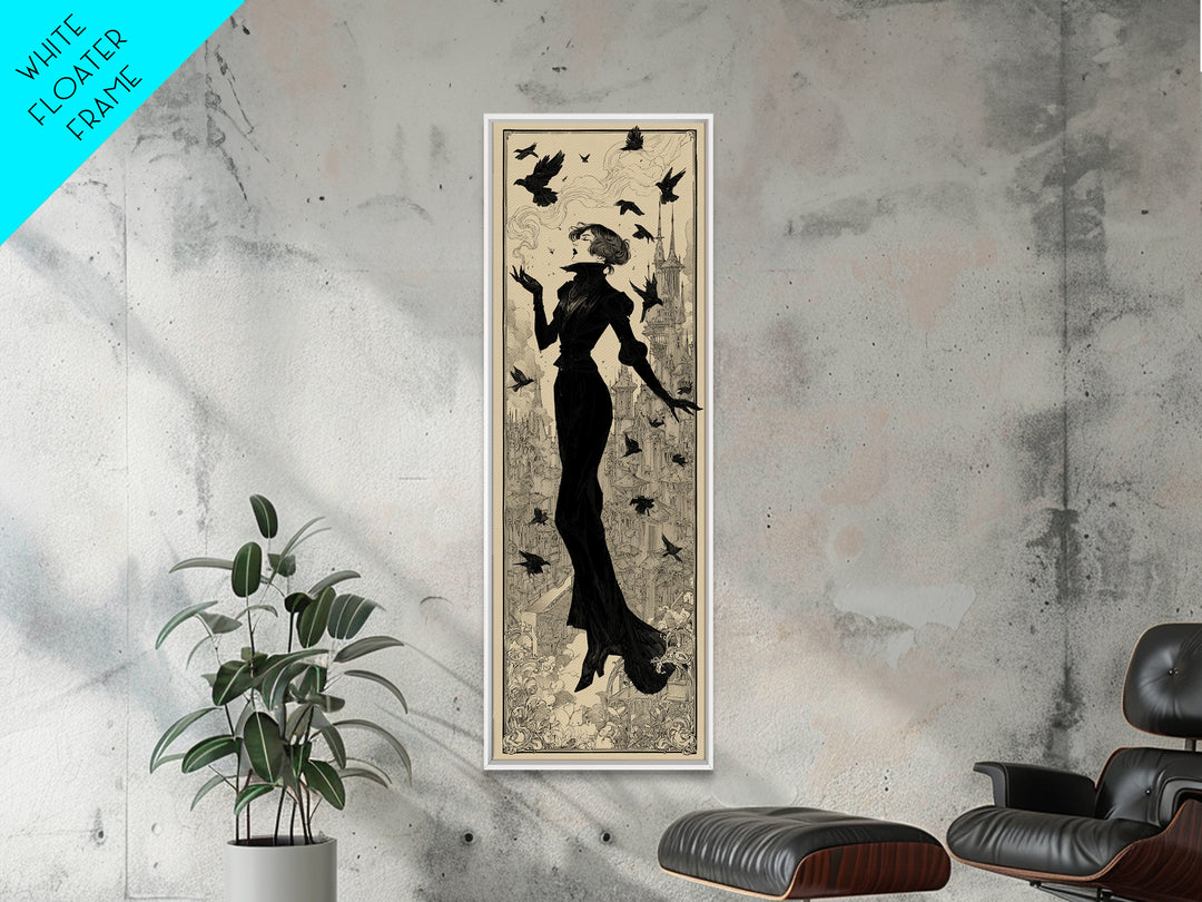 Ravens And Ruins, Decadent Line Art, Tall Narrow Wall Art, Dark Fantasy Wall Art, Framed Canvas Print, Halloween Wall Art