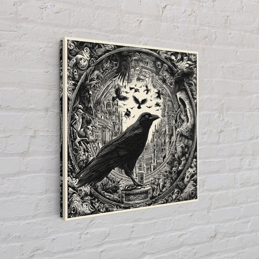 Ravens And Ruins, Macabre Folk Print Art, Square Wall Art, Dark Fantasy Wall Art, Canvas Print, Halloween Wall Art