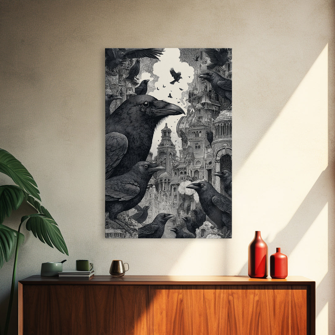 Ravens And Ruins, Victorian Macabre Art, Vertical Wall Art, Dark Halloween Decor, Canvas Print, Halloween Wall Art