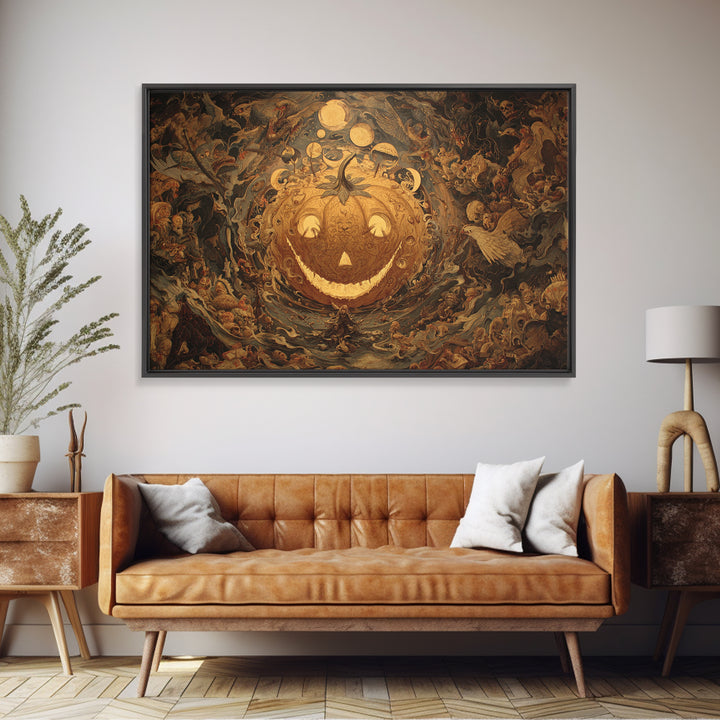 Pumpkins And Moon Phases, Medieval Grotesque Art, Landscape Wall Art, Macabre Wall Art, Framed Canvas Print, Halloween Wall Art