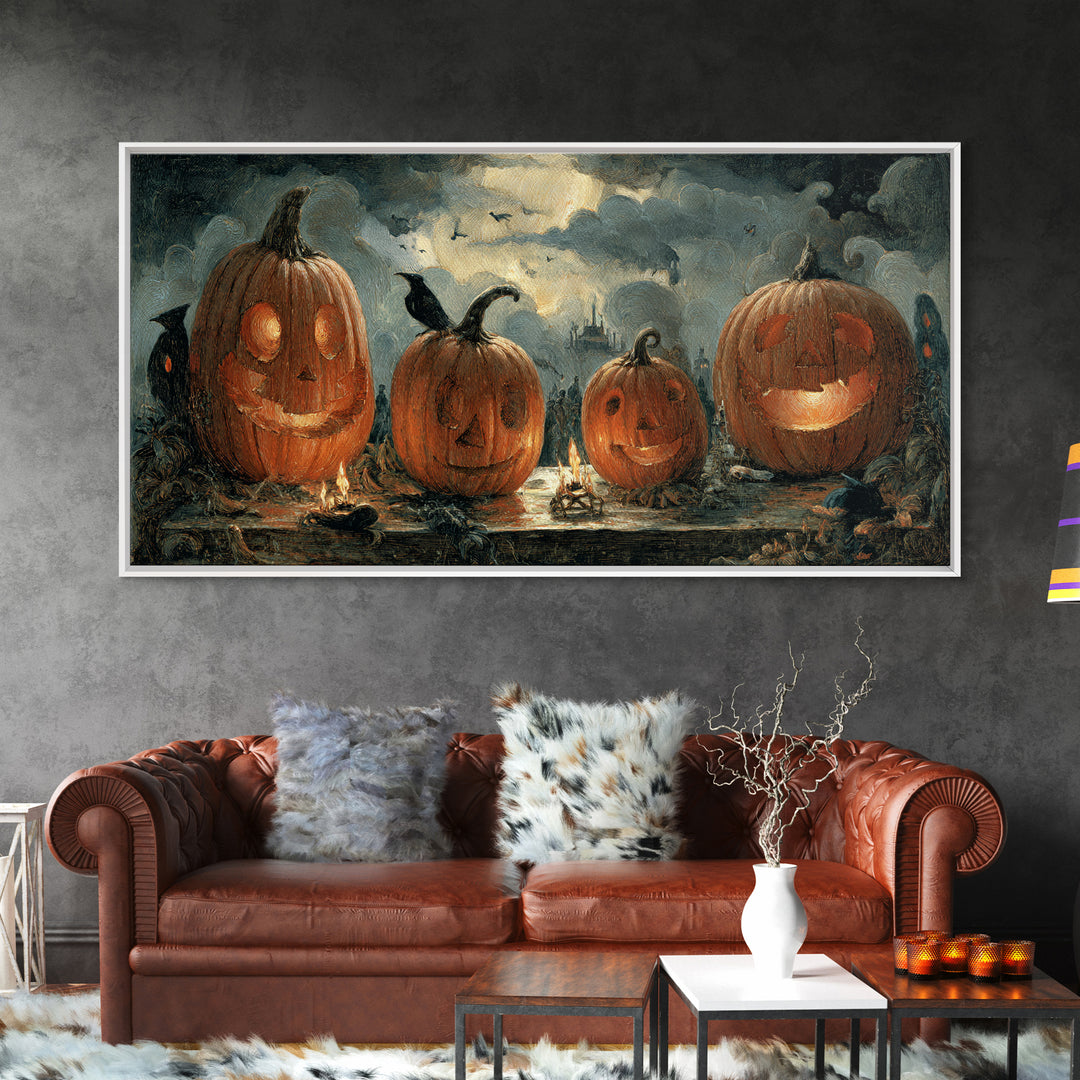 Pumpkins And Moon Phases, Northern Renaissance Horror, Wide Panoramic Art, Dark Halloween Decor, Framed Canvas Print