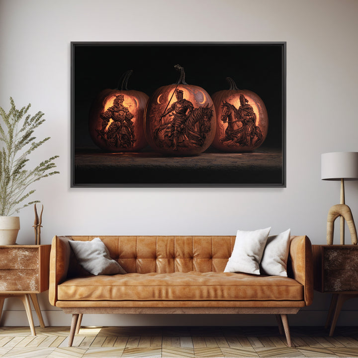 Pumpkins And Moon Phases, Renaissance Engraving Art, Landscape Wall Art, Macabre Wall Art, Framed Canvas Print, Halloween Wall Art