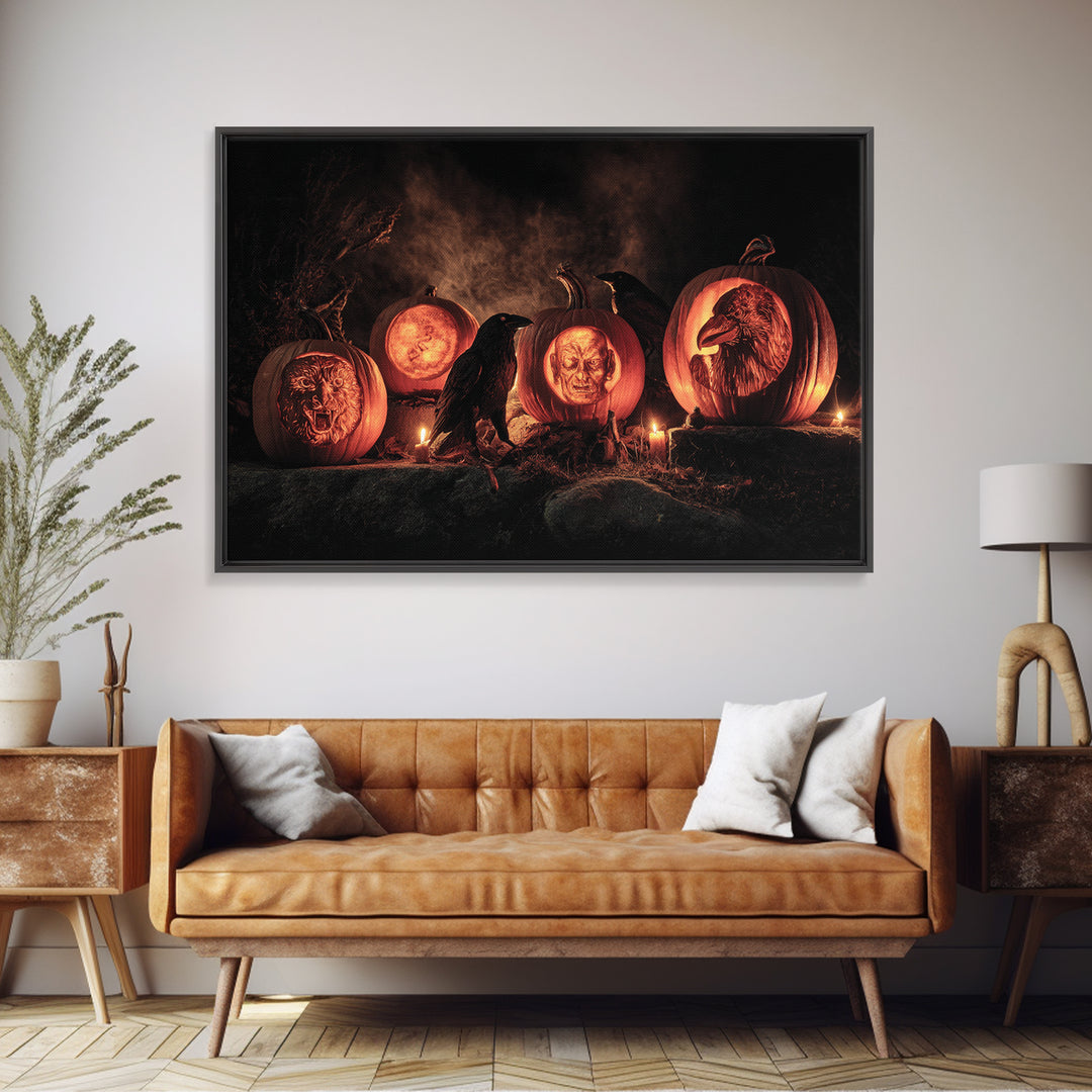 Pumpkins And Moon Phases, Baroque Witchcraft Art, Landscape Wall Art, Dark Fantasy Wall Art, Canvas Print, Halloween Wall Art
