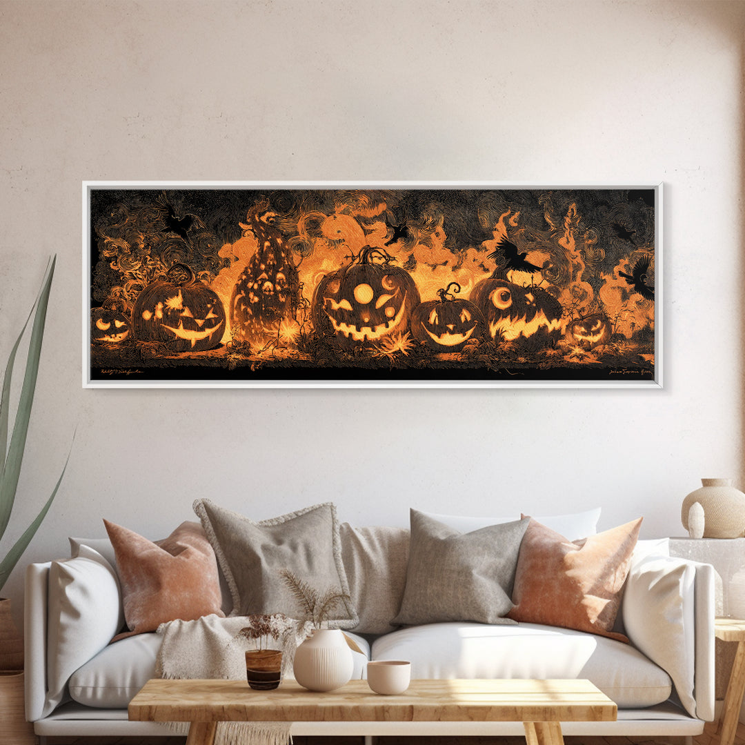Pumpkins And Moon Phases, Dark Romantic Horror Art, Extra Wide Wall Art, Dark Halloween Decor, Canvas Print, Halloween Wall Art