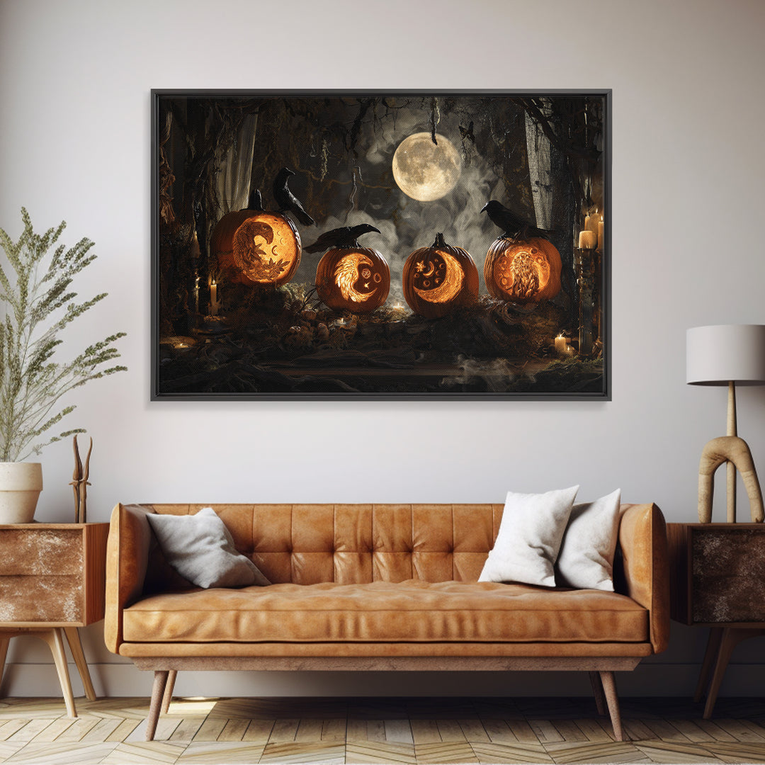Pumpkins And Moon Phases, Visionary Gothic Art, Landscape Wall Art, Dark Halloween Decor, Framed Canvas Print, Halloween Wall Art