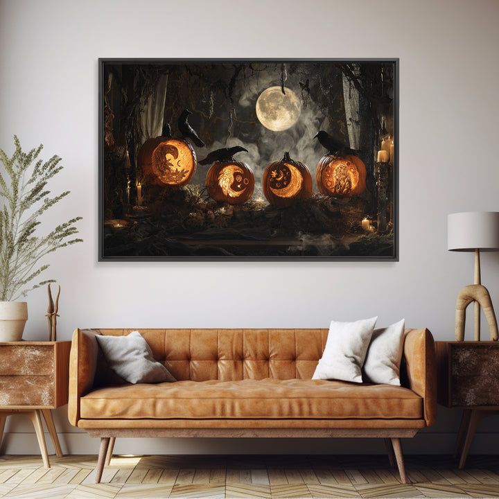 Pumpkins And Moon Phases, Visionary Gothic Art, Landscape Wall Art, Dark Halloween Decor, Framed Canvas Print, Halloween Wall Art