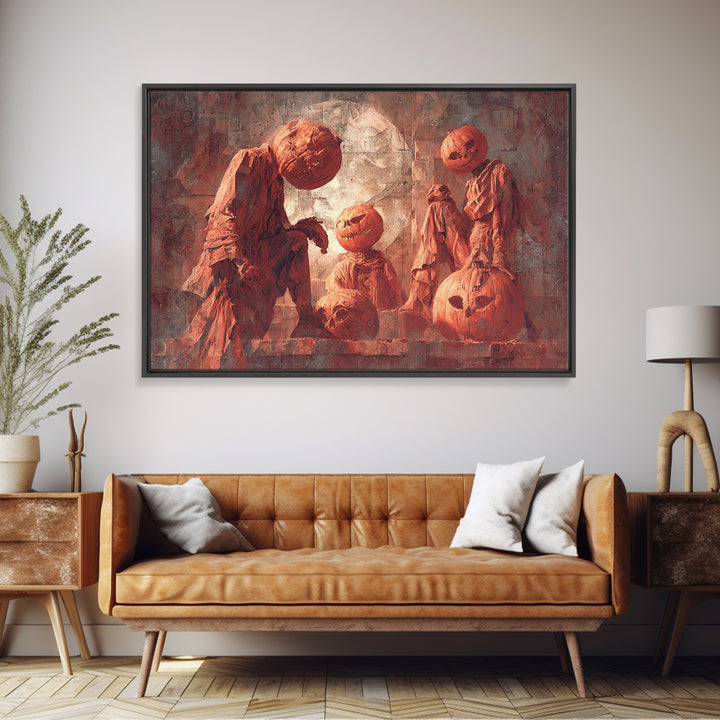 Pumpkins And Moon Phases, Architectural Etching Art, Landscape Wall Art, Gothic Horror Wall Art, Framed Canvas Print