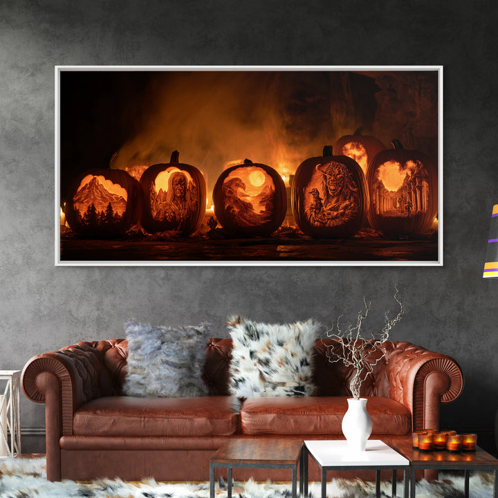 Pumpkins And Moon Phases, Apocalyptic Romantic Art, Wide Panoramic Art, Gothic Horror Wall Art, Framed Canvas Print, Halloween Wall Art