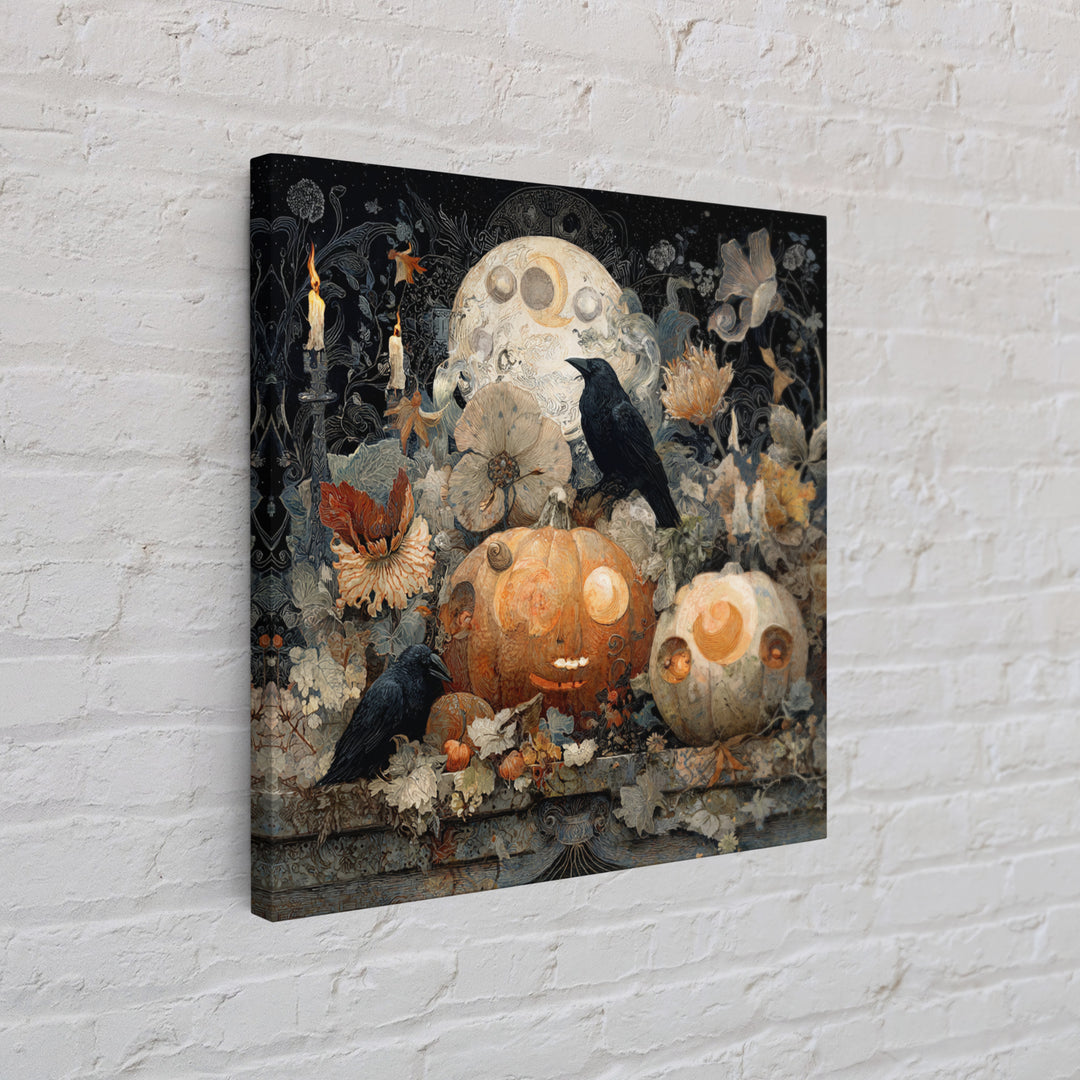 Pumpkins And Moon Phases, Symbolist Dream Art, Square Wall Art, Dark Halloween Decor, Framed Canvas Print, Halloween Wall Art