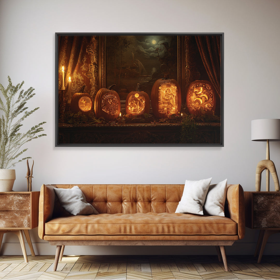 Pumpkins And Moon Phases, Ornate Symbolist Art, Landscape Wall Art, Gothic Horror Wall Art, Canvas Print, Halloween Wall Art
