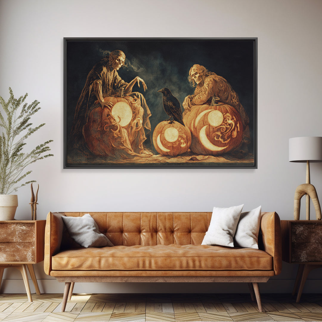 Pumpkins And Moon Phases, Decadent Gothic Art, Landscape Wall Art, Dark Fantasy Wall Art, Canvas Print, Halloween Wall Art