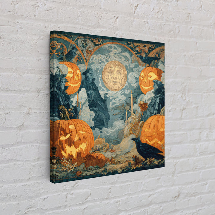 Pumpkins And Moon Phases, Symbolist Etching Art, Square Wall Art, Dark Fantasy Wall Art, Canvas Print, Halloween Wall Art