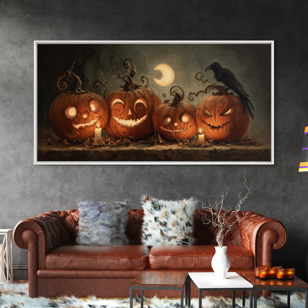 Pumpkins And Moon Phases, Expressionist Nightmare Art, Wide Panoramic Art, Dark Fantasy Wall Art, Framed Canvas Print, Halloween Wall Art