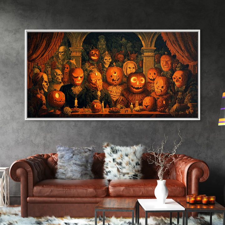 Pumpkins And Moon Phases, Grotesque Carnival Art, Wide Panoramic Art, Dark Fantasy Wall Art, Framed Canvas Print, Halloween Wall Art