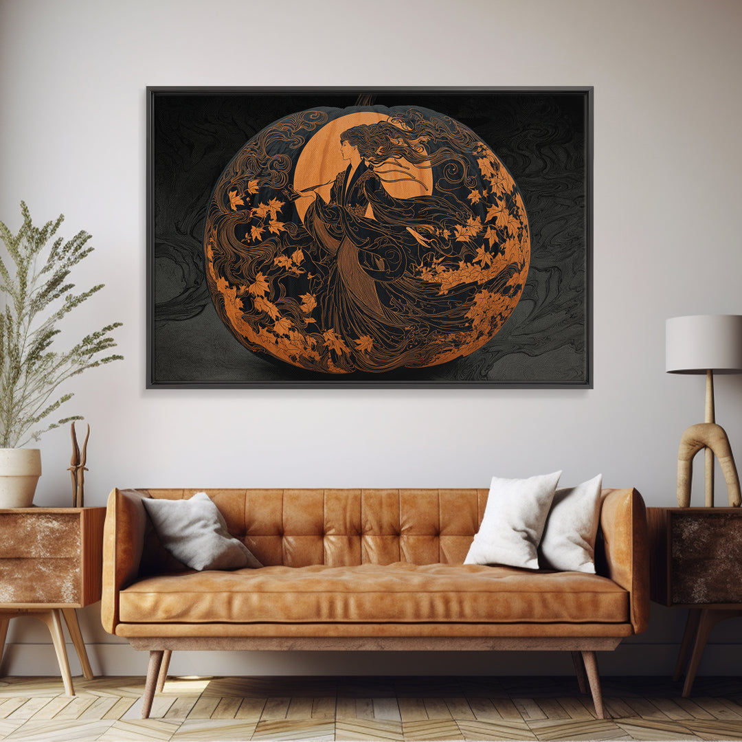 Pumpkins And Moon Phases, Decadent Line Art, Landscape Wall Art, Gothic Horror Wall Art, Canvas Print, Halloween Wall Art