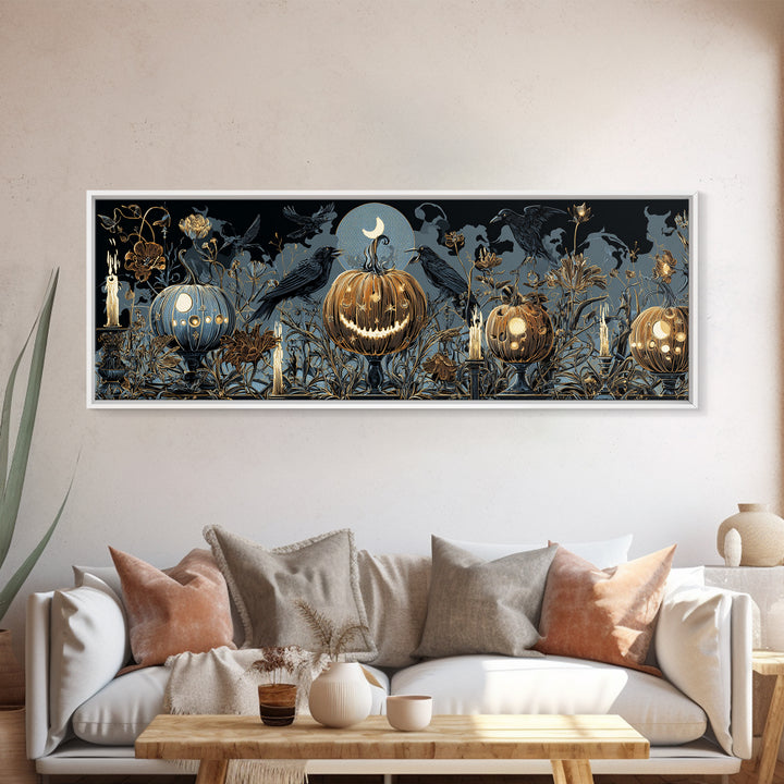 Pumpkins And Moon Phases, Stained Glass Gothic Art, Extra Wide Wall Art, Dark Fantasy Wall Art, Framed Canvas Print, Halloween Wall Art