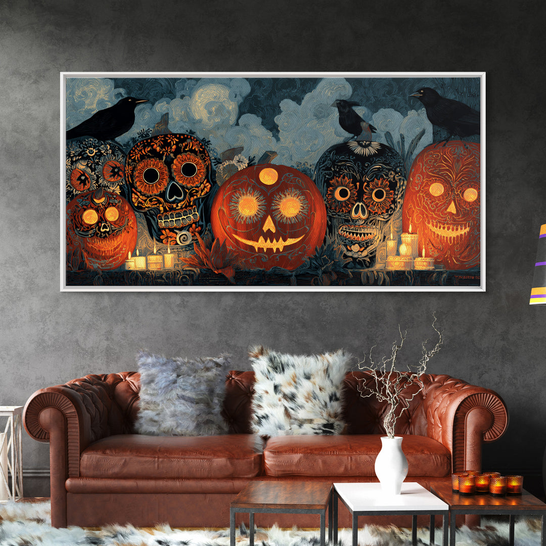Pumpkins And Moon Phases, Macabre Folk Print Art, Wide Panoramic Art, Dark Fantasy Wall Art, Framed Canvas Print