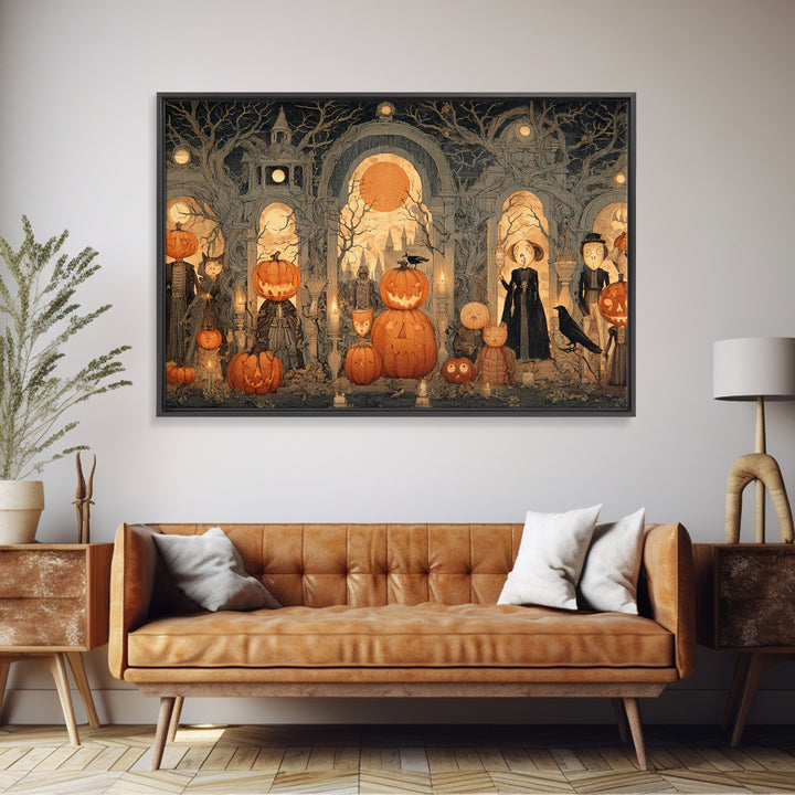Pumpkins And Moon Phases, Victorian Macabre Art, Landscape Wall Art, Dark Halloween Decor, Framed Canvas Print, Halloween Wall Art