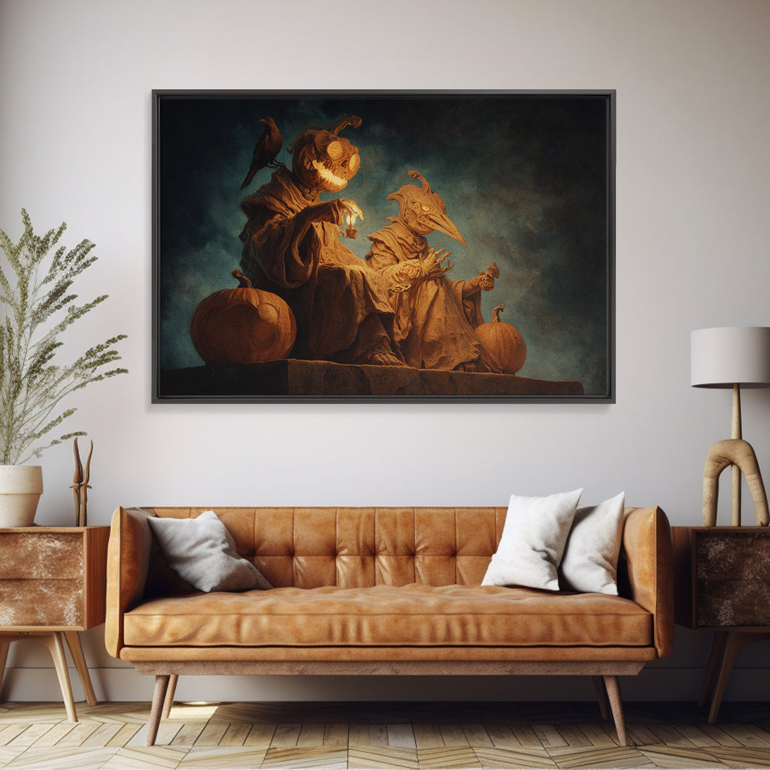 Pumpkins And Moon Phases, Surreal Apocalyptic Art, Landscape Wall Art, Macabre Wall Art, Framed Canvas Print, Halloween Wall Art