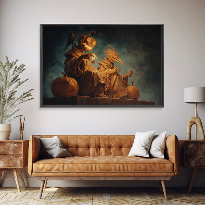Pumpkins And Moon Phases, Surreal Apocalyptic Art, Landscape Wall Art, Macabre Wall Art, Framed Canvas Print, Halloween Wall Art