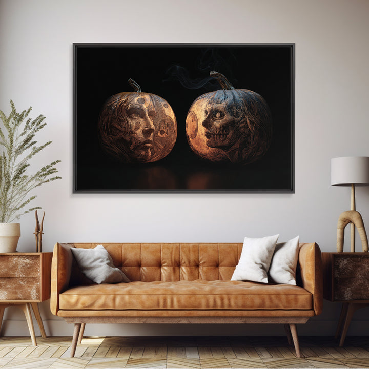 Pumpkins And Moon Phases, Biomechanical Horror Art, Landscape Wall Art, Gothic Horror Wall Art, Framed Canvas Print, Halloween Wall Art