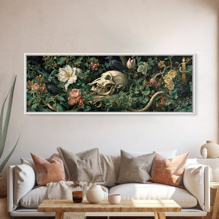 Skeletal Botanicals, Medieval Grotesque Art, Extra Wide Wall Art, Macabre Wall Art, Canvas Print, Halloween Wall Art