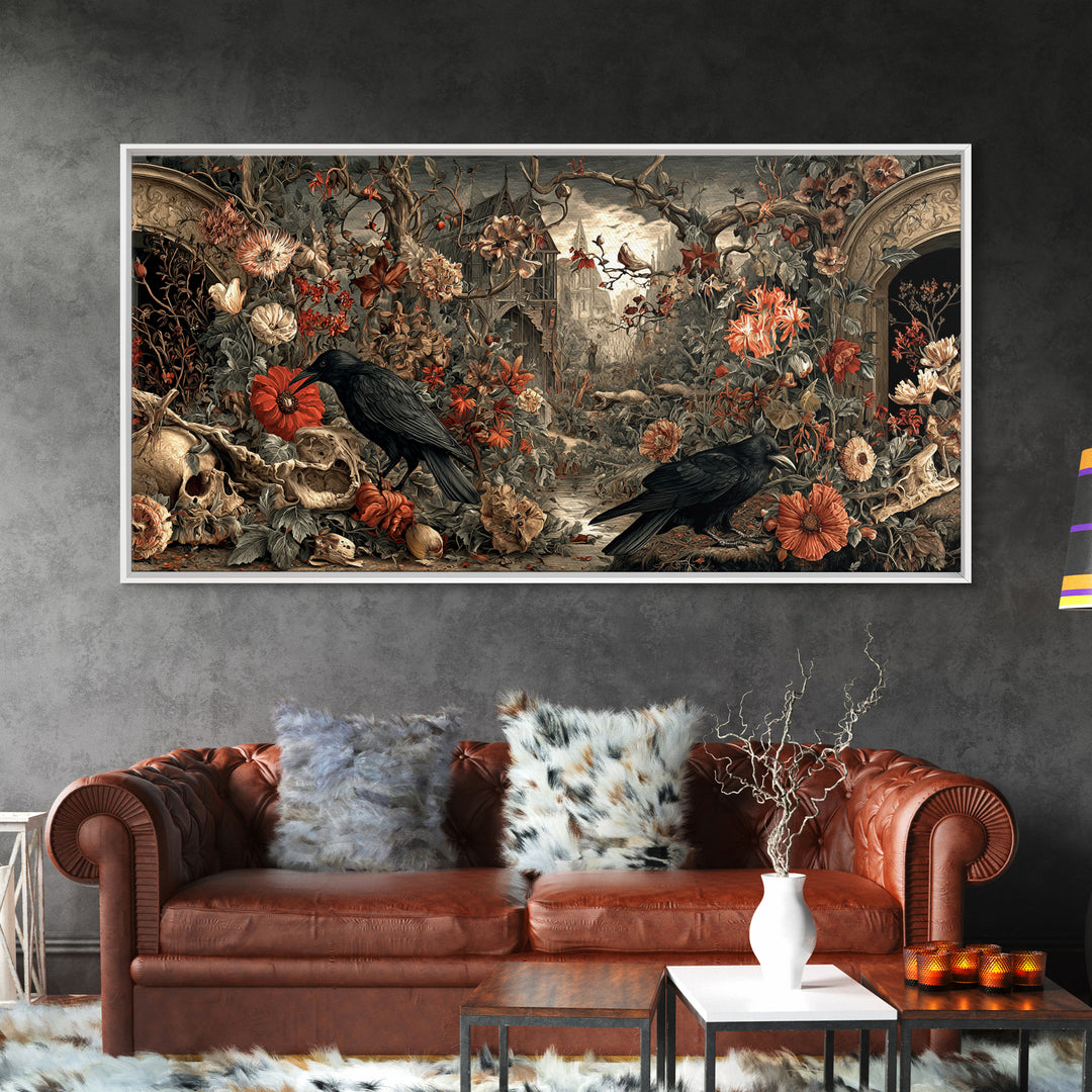 Skeletal Botanicals, Northern Renaissance Horror, Wide Panoramic Art, Dark Fantasy Wall Art, Framed Canvas Print, Macabre Wall Art