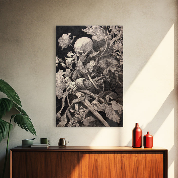 Skeletal Botanicals, Renaissance Engraving Art, Vertical Wall Art, Gothic Horror Wall Art, Canvas Print, Halloween Wall Art