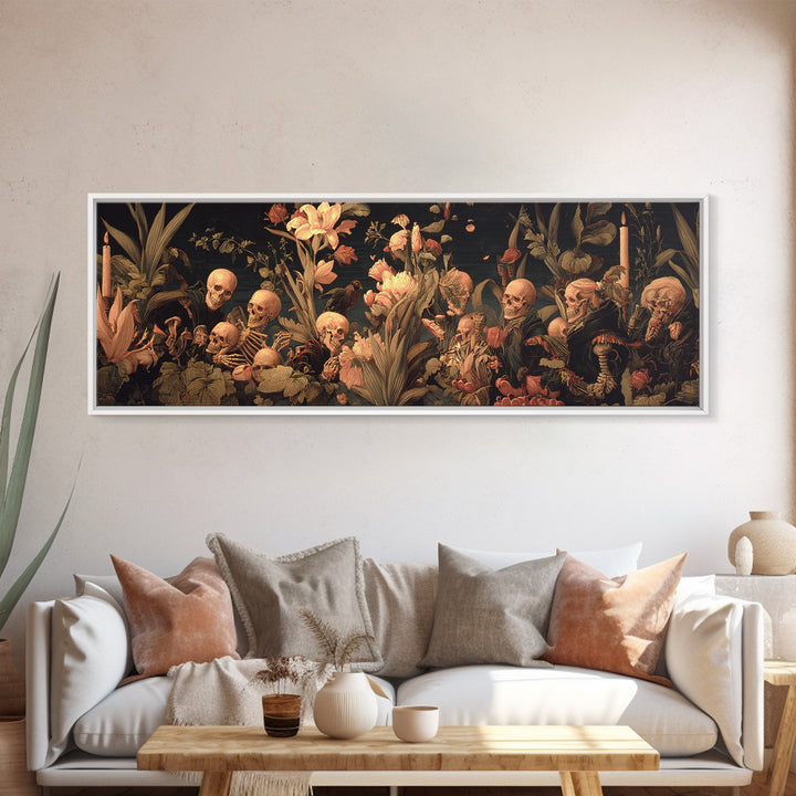 Skeletal Botanicals, Danse Macabre Art, Extra Wide Wall Art, Dark Halloween Decor, Framed Canvas Print