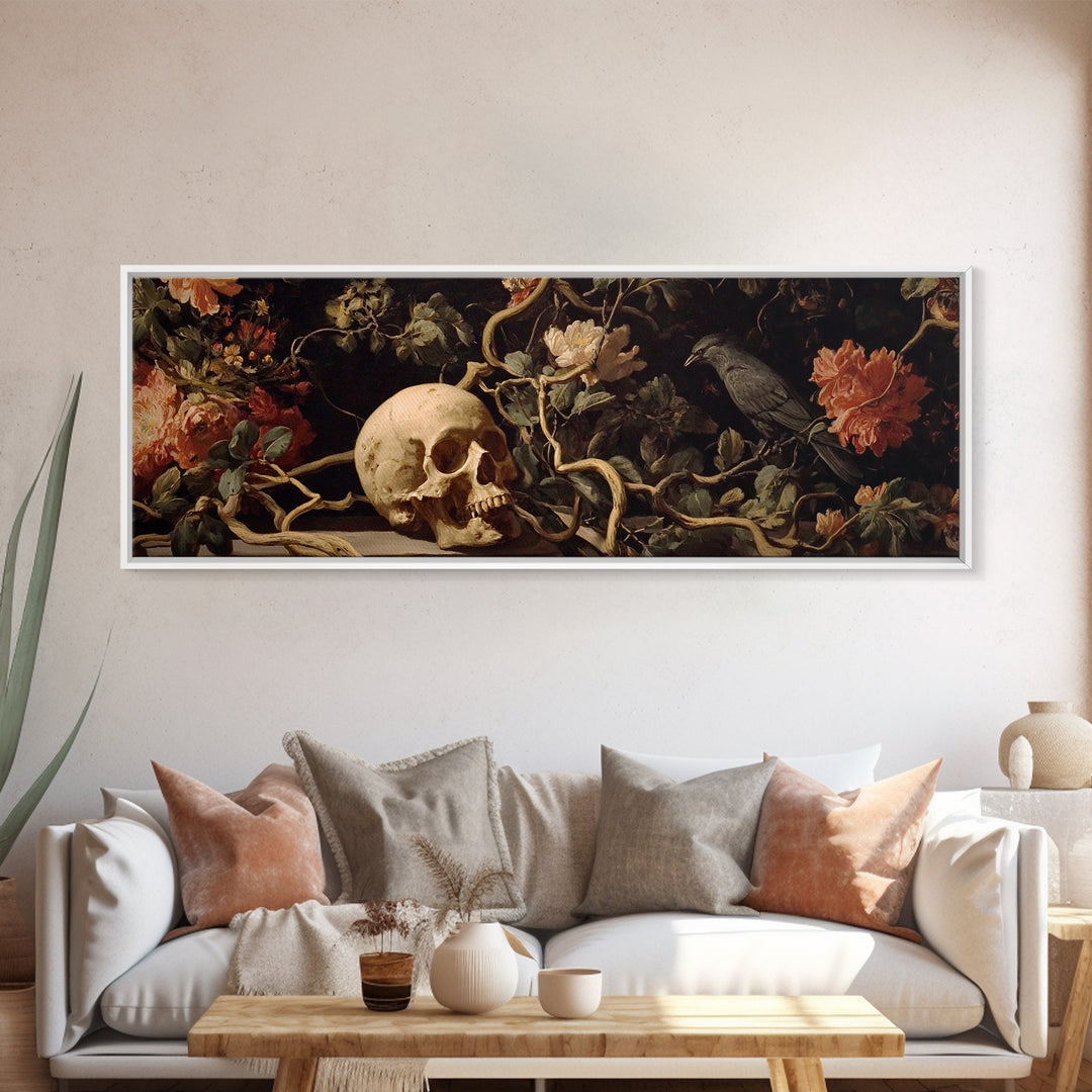 Skeletal Botanicals, Dark Romantic Horror Art, Extra Wide Wall Art, Macabre Wall Art, Framed Canvas Print, Halloween Wall Art