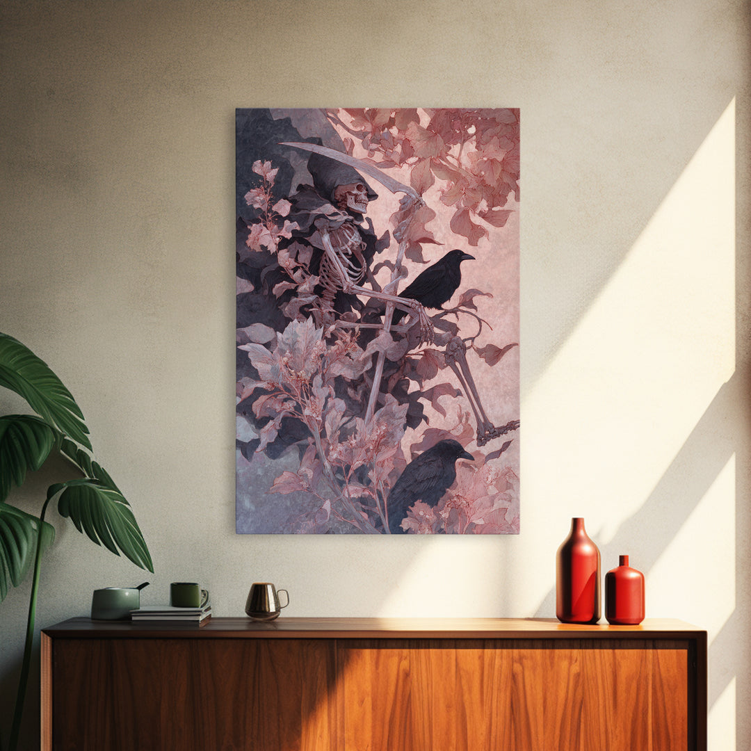 Skeletal Botanicals, Decadent Gothic Art, Vertical Wall Art, Macabre Wall Art, Framed Canvas Print, Halloween Wall Art