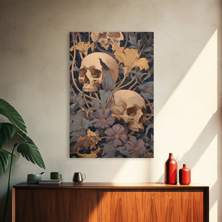 Skeletal Botanicals, Symbolist Death Art, Vertical Wall Art, Dark Fantasy Wall Art, Framed Canvas Print, Halloween Wall Art