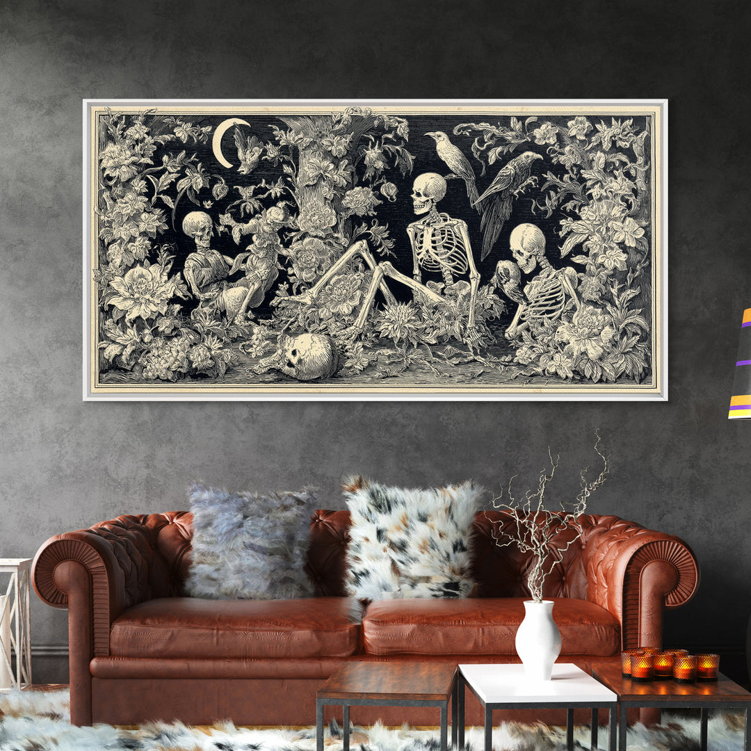 Skeletal Botanicals, Macabre Folk Print Art, Wide Panoramic Art, Gothic Horror Wall Art, Framed Canvas Print, Halloween Wall Art