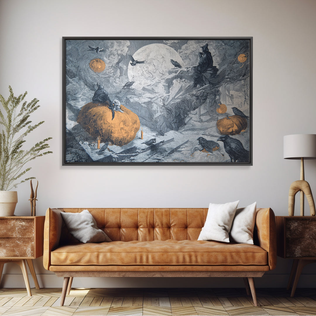 Frozen Halloween, Architectural Etching Art, Landscape Wall Art, Dark Halloween Decor, Framed Canvas Print, Halloween Wall Art