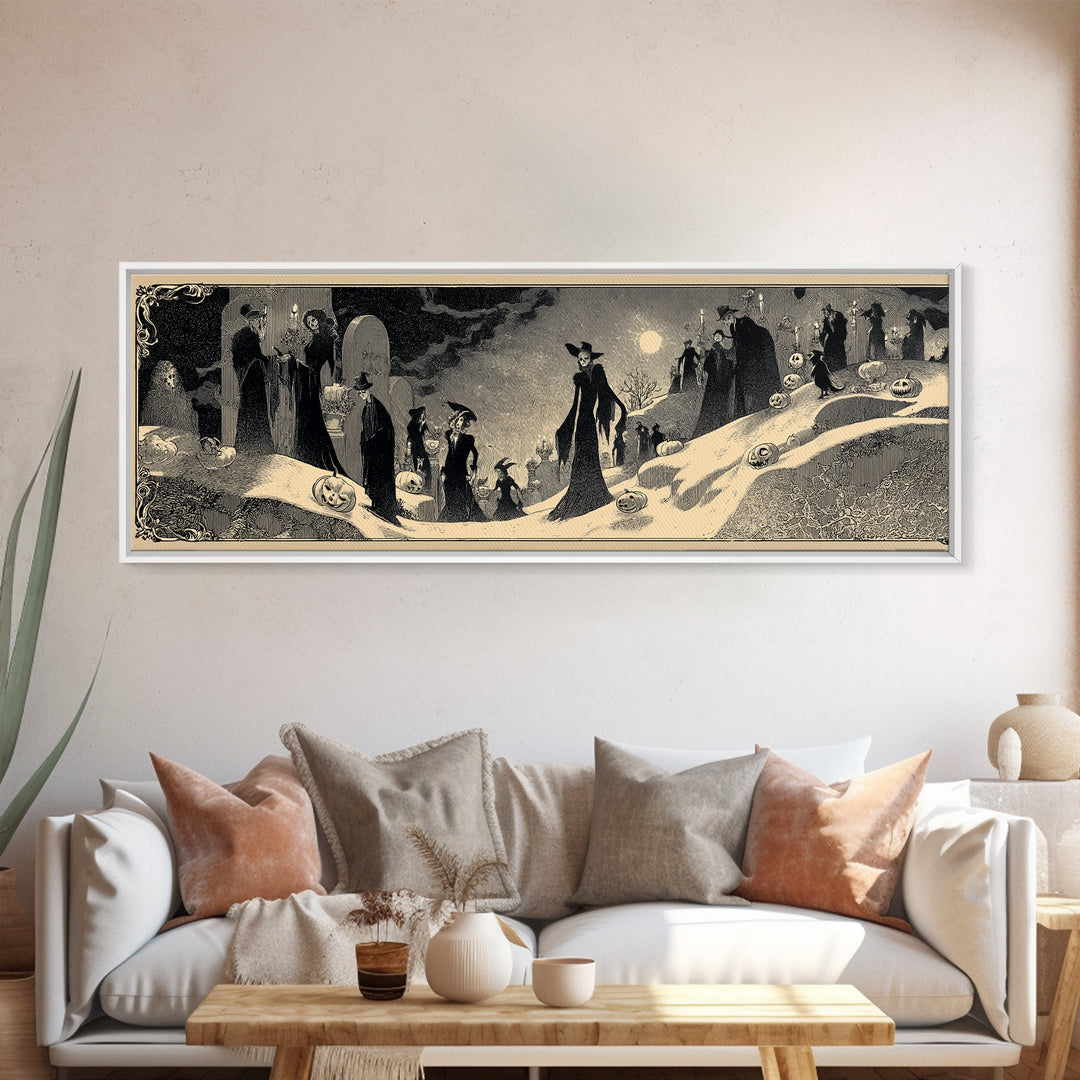 Frozen Halloween, Decadent Line Art, Extra Wide Wall Art, Gothic Horror Wall Art, Framed Canvas Print, Halloween Wall Art